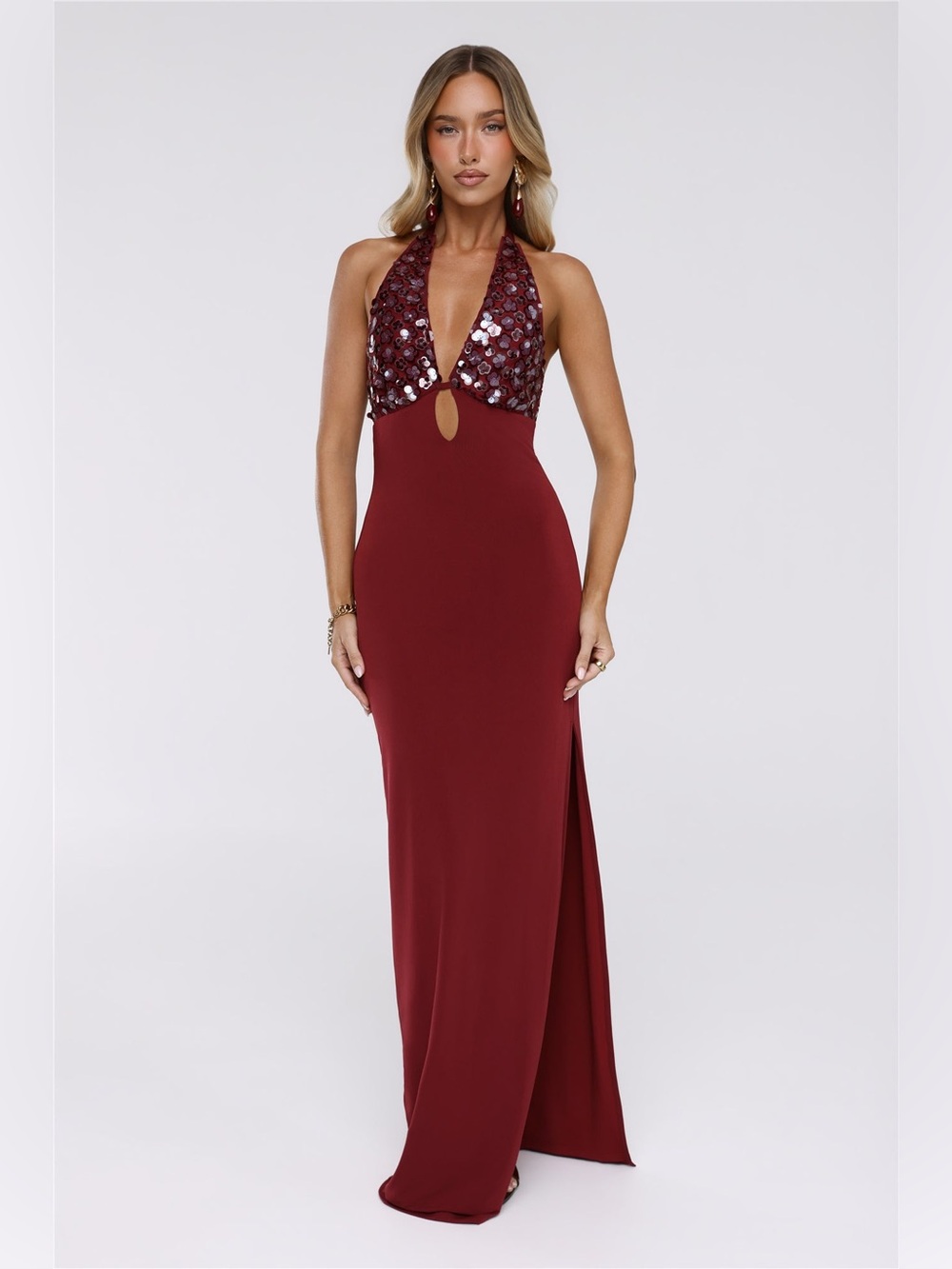 HELLO MOLLY Shimmering Luxe Halter Sequin Bodice Maxi Dress in Wine size XS NEW